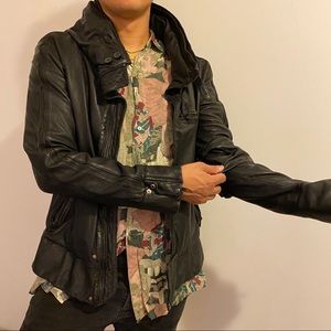 Genuine leather biker style jacket w hidden hood